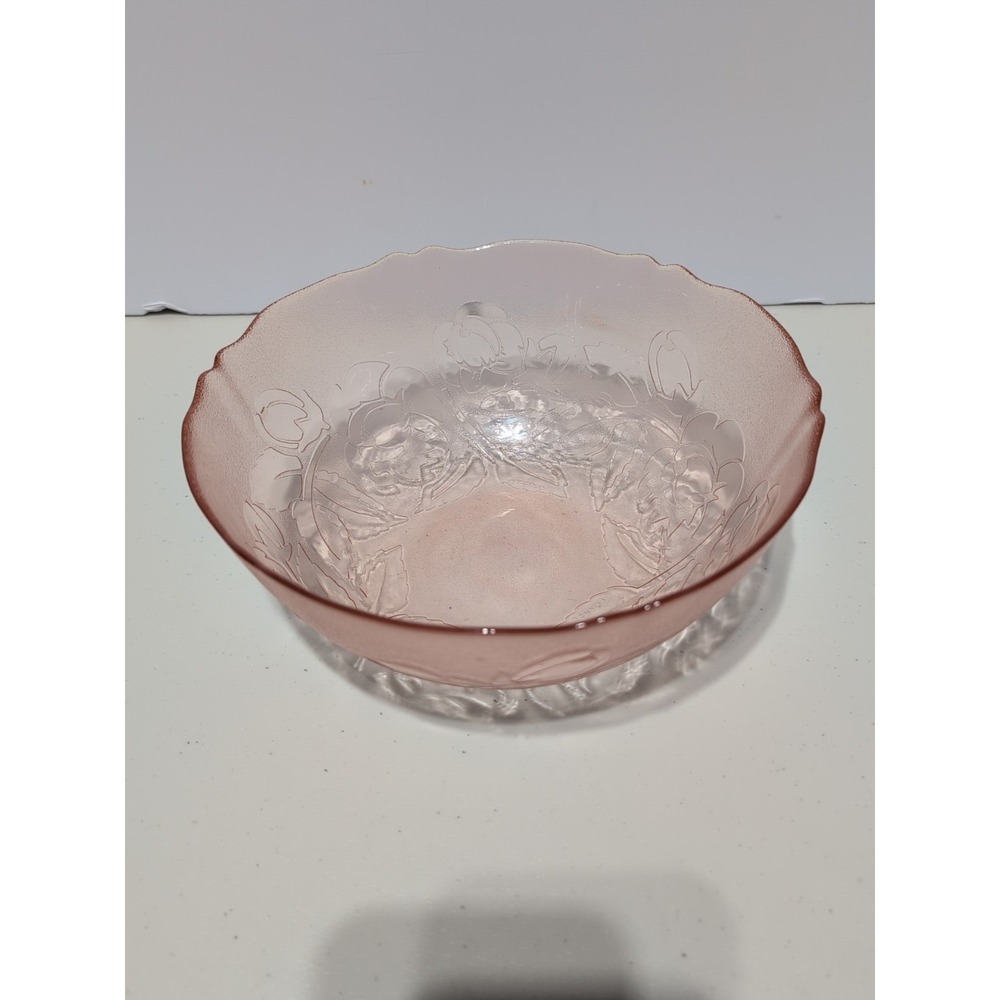 Vintage Pink Arcoroc Rosaline Rose Frosted Bowl Floral Design Luminarc France